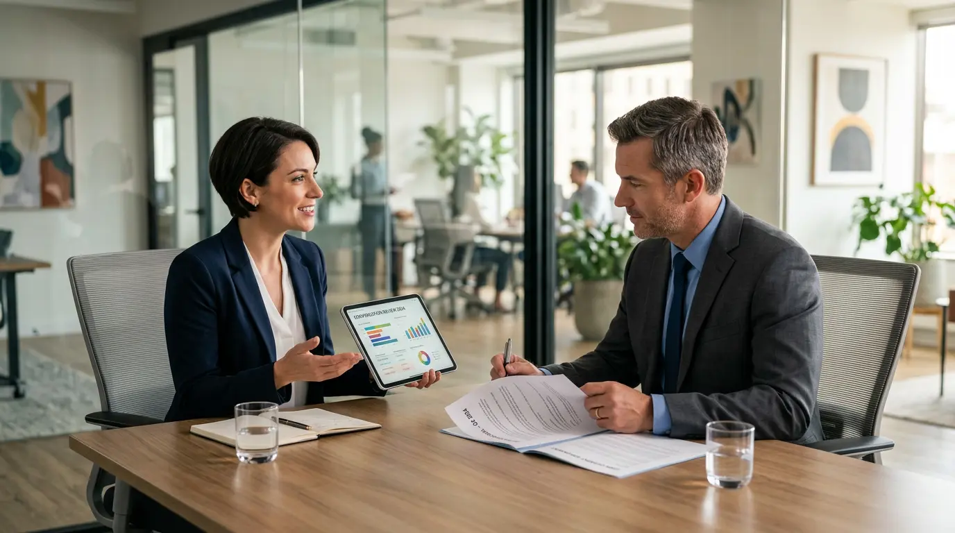 Professionelles Team in einem modernen Büro in der DACH-Region — wo Verhandlungskompetenz über Karrieresprünge entscheidet.